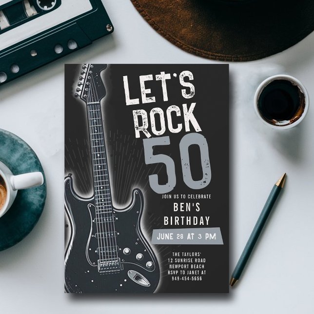 Let's Rock Electric Guitar Adult Black Birthday Invitation (music fest rock adult birthday party invitation men modern classy fun black white electric guitar)