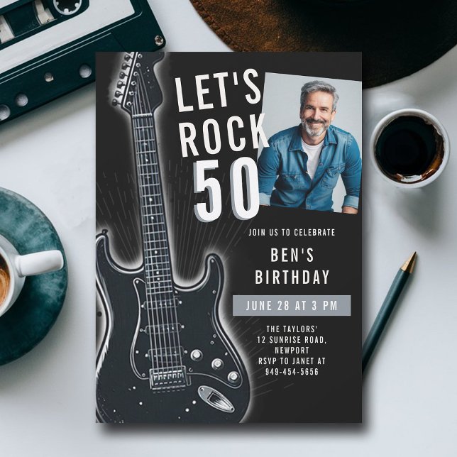 Let's Rock Electric Guitar Men 50th Birthday Photo Invitation (music fest rock 50th birthday party photo invitation men modern classy fun black white guitar)