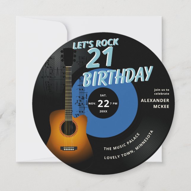 Let's Rock Guitar Music Notes Blue 21st Birthday Invitation (Front)