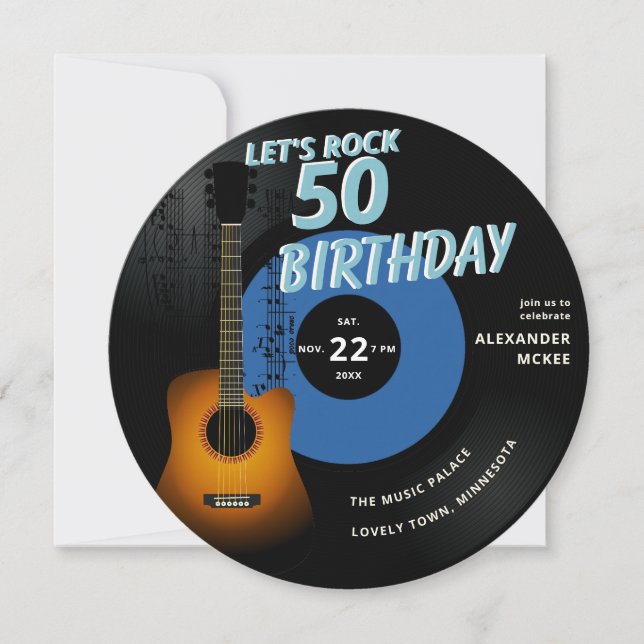 Let's Rock Guitar Music Notes Blue 50th Birthday Invitation (Front)