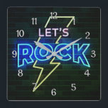 Let's Rock Lightning Bolt Square Wall Clock<br><div class="desc">*Customise with your text.</div>
