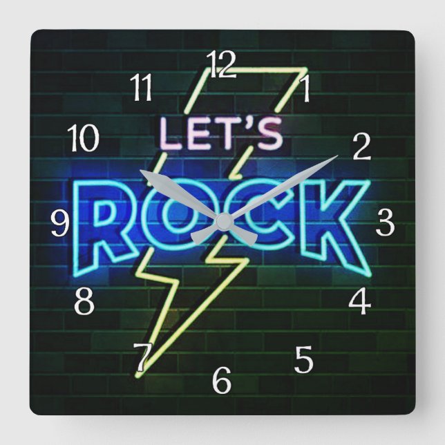 Let's Rock Lightning Bolt Square Wall Clock (Front)