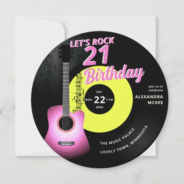 Let's Rock Pink Guitar Music Elegant 21st Birthday Invitation (Front)