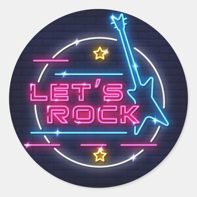 Let's Rock Retro Neon Round Classic Round Sticker (Front)