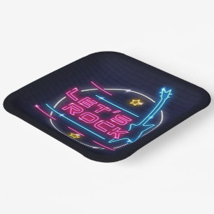 Let's Rock Retro Neon Square Paper Plate