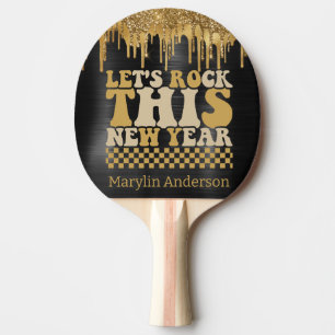 LET'S ROCK THIS NEW YEAR BLACK & GOLD GLITTER PING PONG PADDLE