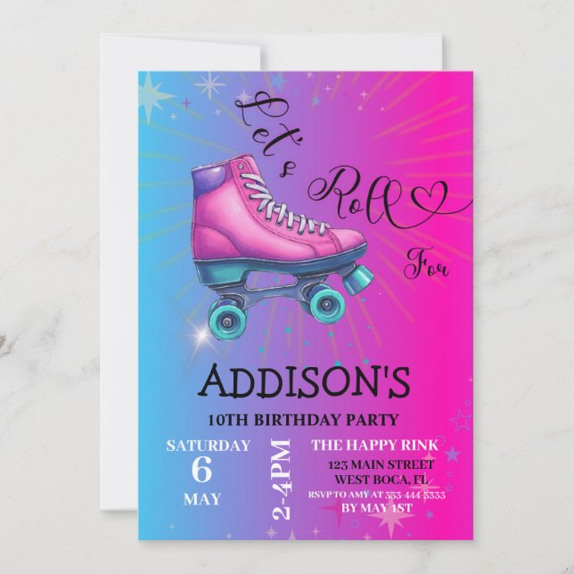 Let's Roll For , Retro Roller Skating Birthday  Invitation (Front)