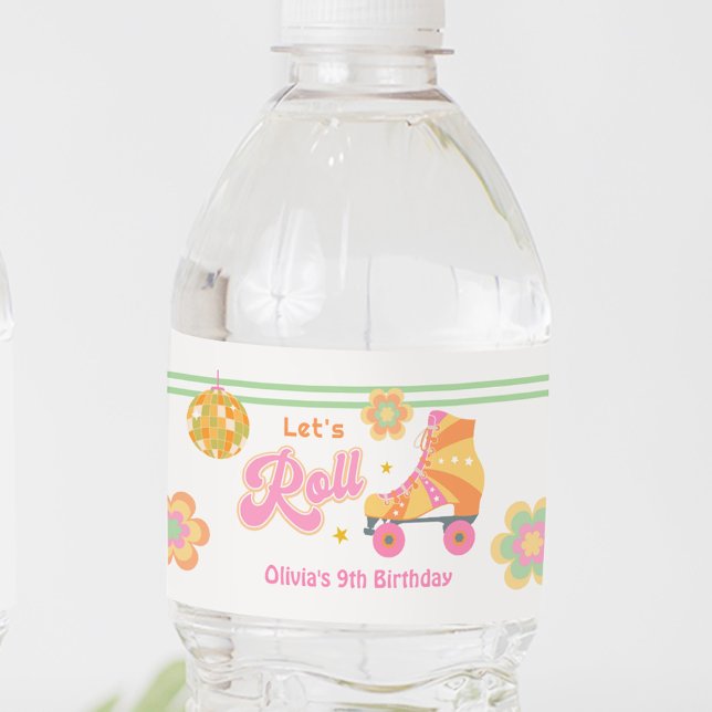 Let's Roll Girl Roller Skating Birthday Party Water Bottle Label (Creator Uploaded)