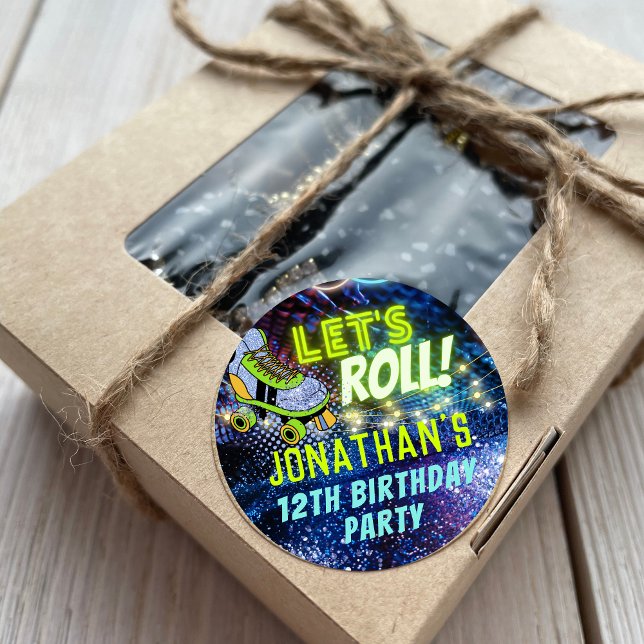 Let's Roll Glow Roller Skating Boys Party Favour Classic Round Sticker (Creator Uploaded)