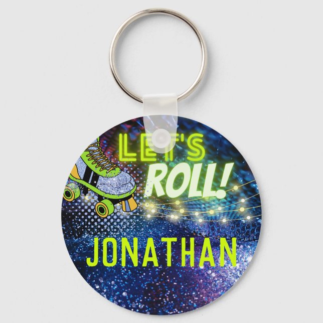 Let's Roll Glow Roller Skating Boys Party Favour Key Ring (Front)