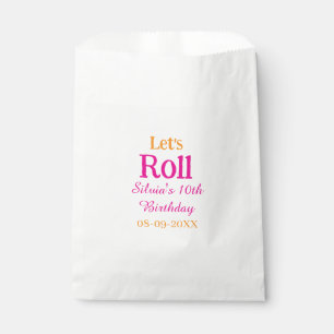 Let's roll happy 10th birthday add name retro pink favour bags