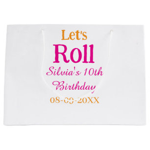 Let's roll happy 10th birthday add name retro pink large gift bag