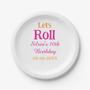 Let's roll happy 10th birthday add name retro pink paper plate