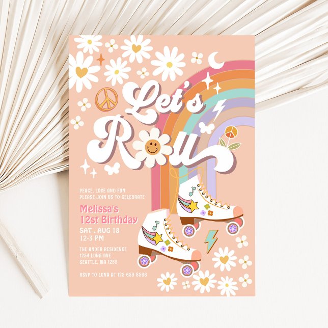 Lets Roll Retro Groovy Roller Skate Daisy Birthday Invitation (Creator Uploaded)