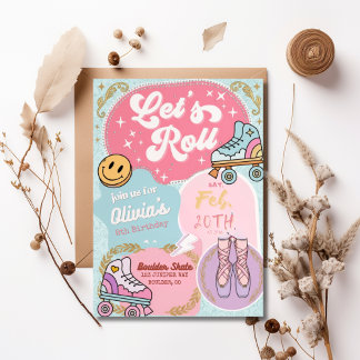 Let's Roll Retro Pastel Roller Skate Ballet Birthd Invitation