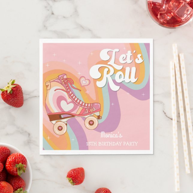 Let's roll retro roller skate birthday party napkin (Insitu)