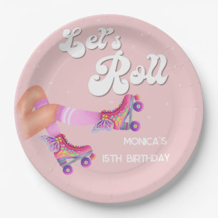 Let's roll retro roller skate birthday party paper plate