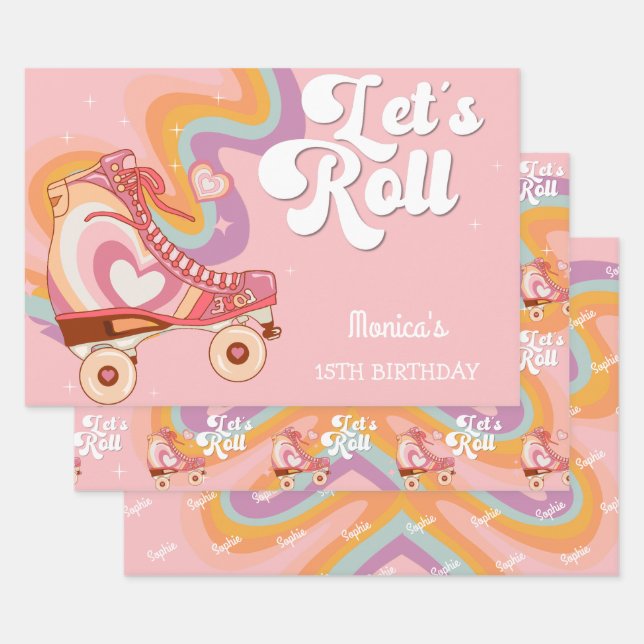 Let's roll retro roller skate birthday wrapping paper sheet (Set)