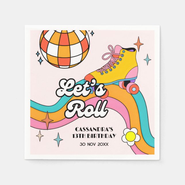 Let's Roll Retro Roller Skating Girl Birthday  Napkin (Front)