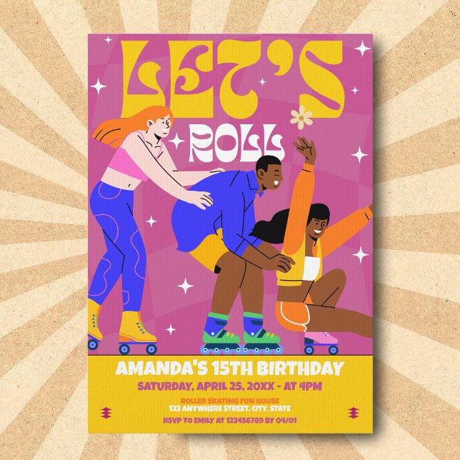 Let's Roll Roller Skate Retro Birthday Party Invitation (Creator Uploaded)