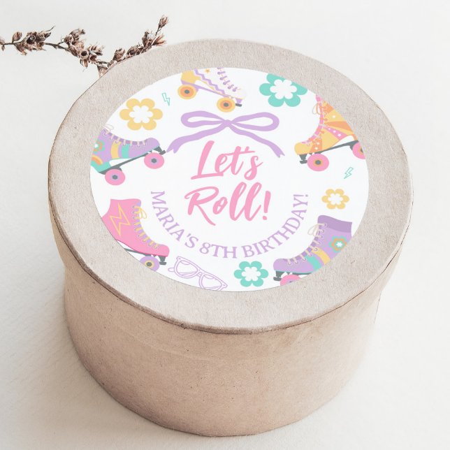 Lets Roll Roller Skate Retro Girl Birthday Pastel Classic Round Sticker (Creator Uploaded)