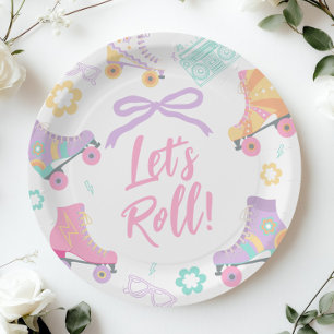 Lets Roll Roller Skate Retro Girl Birthday Pastel Paper Plate