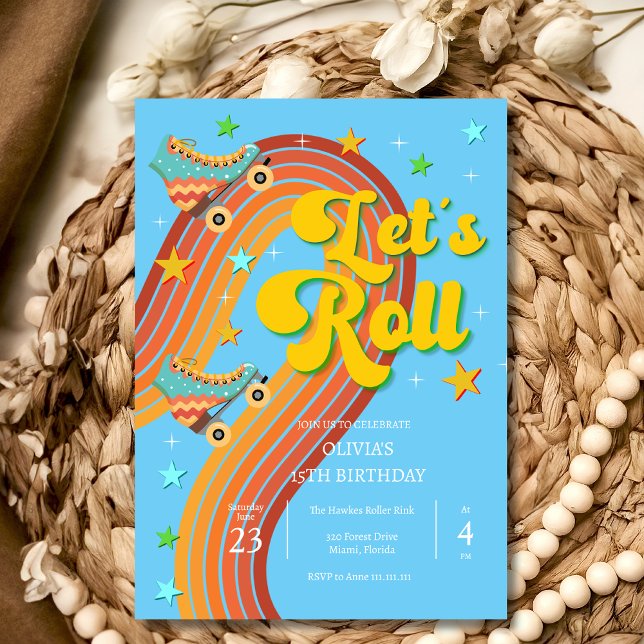 Let's roll roller skate retro rainbow invitation (Creator Uploaded)