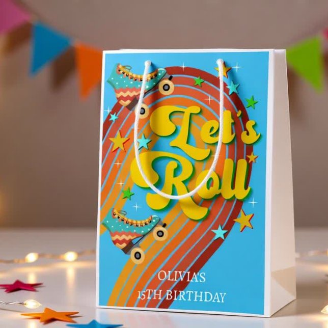 Let's roll roller skate retro rainbow medium gift bag (Creator Uploaded)