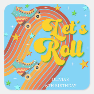 Let's roll roller skate retro rainbow square sticker