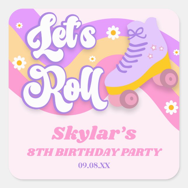 Let's Roll Roller Skate Skating Birthday Party Square Sticker (Front)