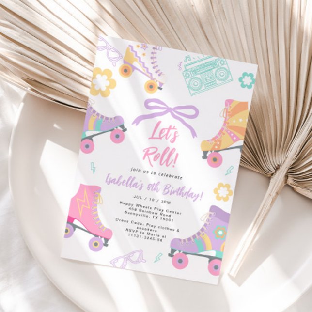 Lets Roll Roller Skate Skating Bow Girl Birthday Invitation (Creator Uploaded)