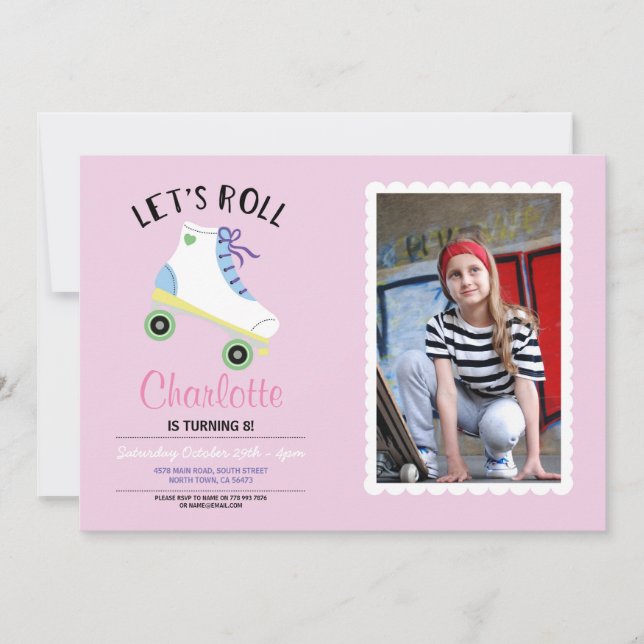Let's Roll Rollerskate Pink Birthday Party Photo Invitation (Front)