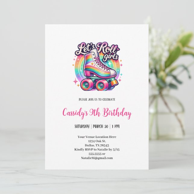 let's rolle girls Roller watercolor Birthday party Invitation (Standing Front)