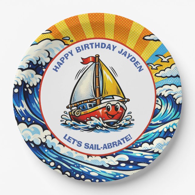 Let's Sail-abrate | Sailboat Themed Boy's Birthday Paper Plate (Front)