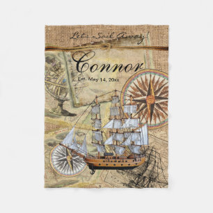 Let's Sail Away Vintage Ship Fleece Blanket