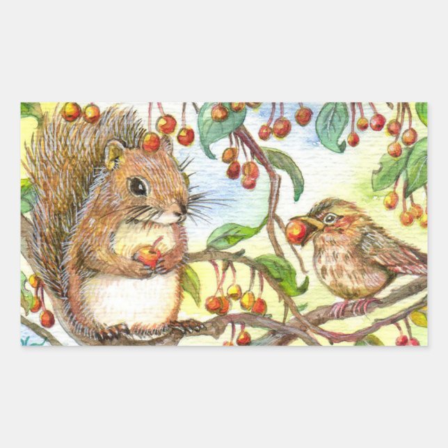 Let's Share - Squirrel And Sparrow Rectangular Sticker (Front)