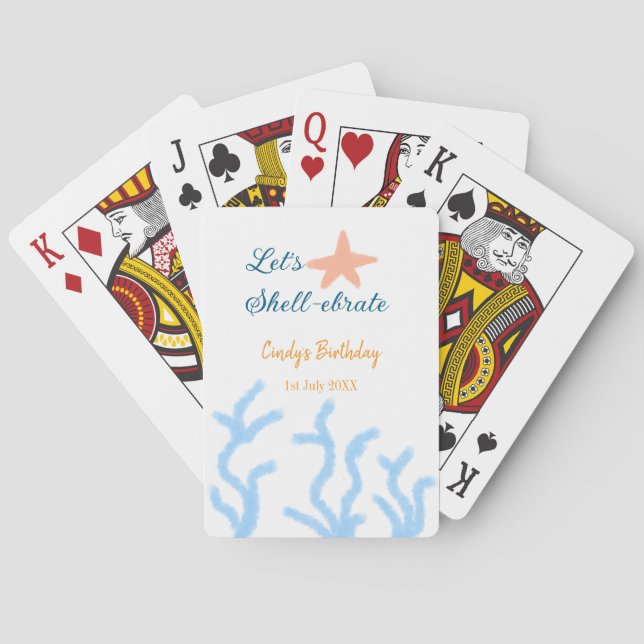 Let's shell-ebrate under the sea blue birthday  playing cards (Back)