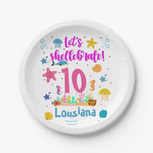 Lets Shellebrate Marine Ocean Under Sea Birthday Paper Plate (Front)