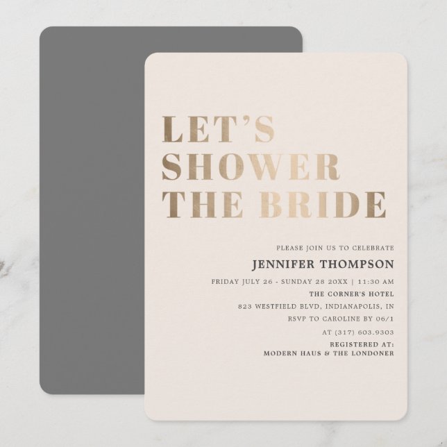 Let's Shower The Bride Taupe & Gold Bridal Shower Invitation (Front/Back)