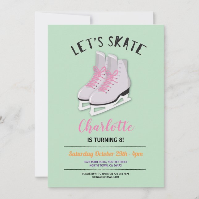 Let's Skate Girls Mint Ice-Skating Birthday Party Invitation (Front)