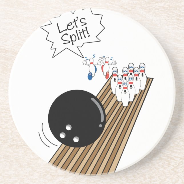 lets split scared bowling pins cartoon humour coaster (Front)
