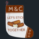 Let's Stick Together Mozzarella Cheese Couples Small Christmas Stocking<br><div class="desc">Holiday stocking features an original marker illustration of a pair of mozzarella cheese sticks, with LET'S STICK TOGETHER in a fun font. Just personalise with your initials and anniversary date. This design is also available on other products, including coordinating holiday decor. Don't see what you're looking for? Need help with...</div>