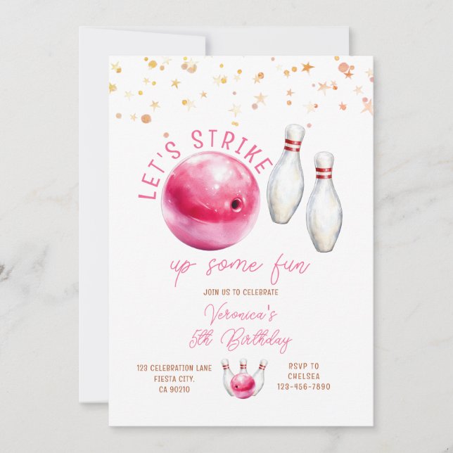 Let's Strike Girl 5th Pink bowling birthday party Invitation (Front)