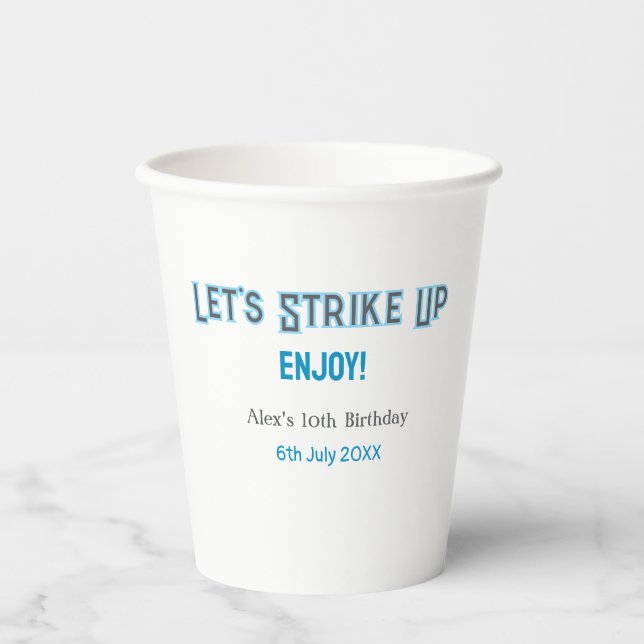 Let's strike up blue grey happy 10 birthday name  paper cups (Front)