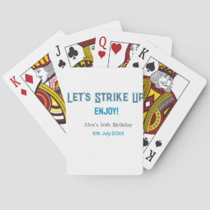 Let's strike up blue grey happy 10 birthday name playing cards