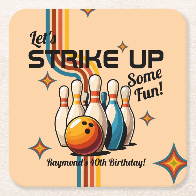 Let's Strike Up Some Fun Bowling Birthday Party Square Paper Coaster (Front)