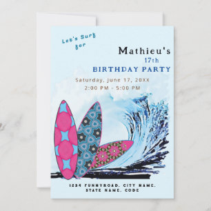 Let's surf surfboard beach birthday party invitation