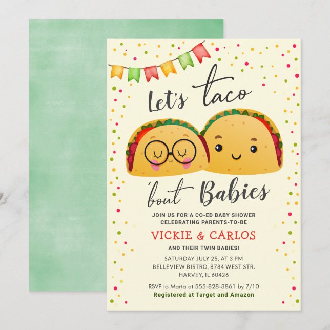 Let's Taco Bout Babies Co-ed Twin Baby Shower Invitation (Front/Back)
