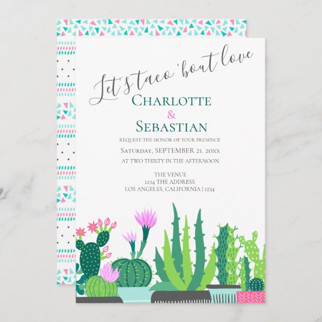 Lets taco bout love succulent cactus wedding invitation (Front/Back)