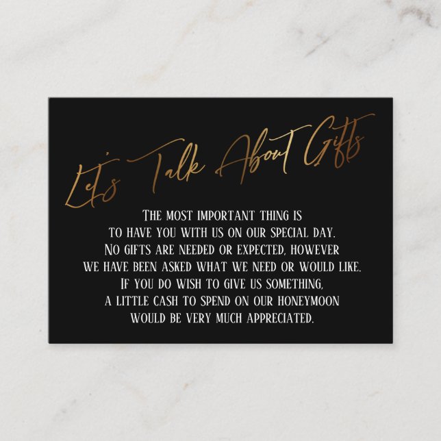 Let's Talk About Gifts Gold Handwriting Wedding Enclosure Card (Front)